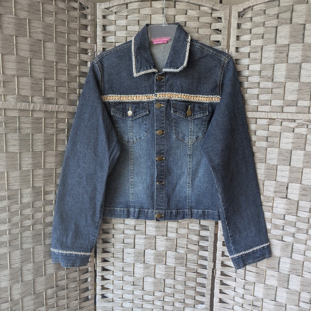 Denim Jacket Blue Beaded Wood Trim Embellished Sz L Boho‎ Western Festival EUC